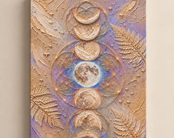 Decoración etérea para la pared del dormitorio, lienzo en tonos lavanda y dorado, arte de pared femenino y onírico, decoración moderna y mística para el hogar.