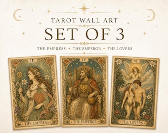 Tarot Wall Art Set of 3 Printable, Vintage Tarot Card Prints, The Empress The Emperor The Lovers, Art Nouveau Poster, Mystical Boho Decor