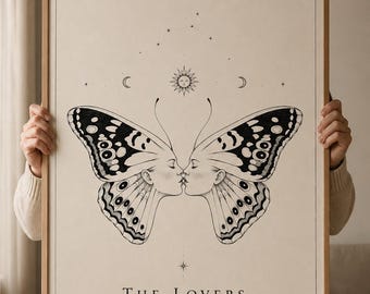 Póster del Tarot de los Amantes, Arte de Pared Celestial, Decoración de Pared Sáfica, Lámina de Arte Lésbico, Decoración de Dormitorio Queer, Arte de Pared Pagano, Regalos para Almas Gemelas