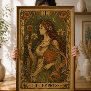 May include: A framed tarot card print of "The Empress." The image shows a woman in a flowing gown, holding a staff and a heart-shaped object. The design includes floral elements, a crescent moon, and the Roman numeral III.