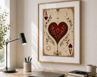 Ace of Hearts Vintage Wall Art Print, Gothic Playing Card Poster, Antique Celestial Heart Decor, Dark Academia Printable Art, Romantic Tarot