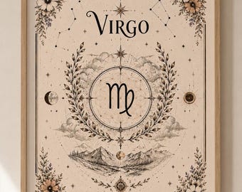 Lámina decorativa de Virgo para imprimir, póster del zodíaco para descargar digitalmente, lámina de astrología celestial, decoración boho neutra de Virgo, regalo de Virgo para ella.