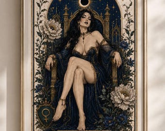 Lámina decorativa del Tarot de la Emperatriz, Arte de la Divina Feminidad, Estampado de la Diosa Femenina Oscura, Decoración Art Nouveau con temática de brujería, Descarga digital