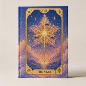 Può includere: Un libro con copertina rigida che presenta un'illustrazione di una carta dei tarocchi intitolata THE STAR con il numero romano XVII. La copertina mostra una grande stella dorata centrata in una nuvola con due occhi, su un cielo blu.