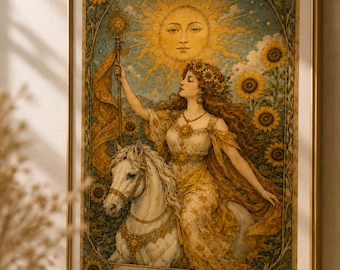 Lámina decorativa de la carta del Tarot del Sol para imprimir en la pared, decoración bohemia celestial, lámina de tarot vintage, póster de la diosa espiritual del sol, descarga digital mística.