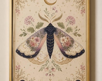 Celestial Moth Wall Art, Botanical Moth Print, Vintage Moon Poster, Cottagecore Decor, Witchy Bedroom Wall Art, Neutral Nature Print