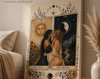 Cuadro decorativo lésbico, impresión en lienzo del sol y la luna, decoración romántica LGBTQ para la pared, regalo de aniversario para la esposa, arte para la pared del dormitorio, regalos para lesbianas