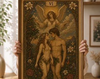 Lámina del Tarot de los Amantes, Arte Romántico para la Pared del Dormitorio, Póster Celestial de Pareja, Tarot Vintage Imprimible, Regalo para Almas Gemelas Descarga Digital