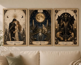 Juego de 3 láminas de arte mural de tarot gótico, decoración celestial Art Nouveau, póster Dark Academia, regalo de tarot del diablo para amantes de la luna