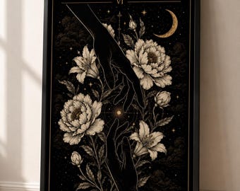 Lámina decorativa de tarot "Los Amantes", impresión de tarot, decoración celestial, arte mural místico, póster de tarot, descarga digital.