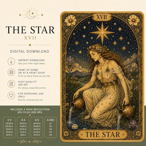 Può includere: Download digitale della carta dei tarocchi "La Stella". L'immagine presenta una donna che versa acqua da due brocche d'oro. La carta ha uno sfondo di cielo stellato e un bordo floreale. Il testo include "La Stella" e "XVII".