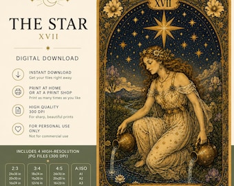 Lámina de la carta del Tarot de la Estrella, arte mural celestial vintage, póster místico imprimible, decoración bohemia y mística, descarga digital.