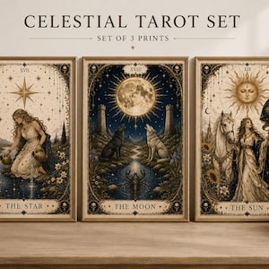 May include: A set of three framed prints featuring celestial tarot card designs. The prints include "The Star," "The Moon," and "The Sun." Each print has a detailed illustration with gold frames and decorative borders. The text "CELESTIAL TAROT SET" and "SET OF 3 PRINTS" are at the top.