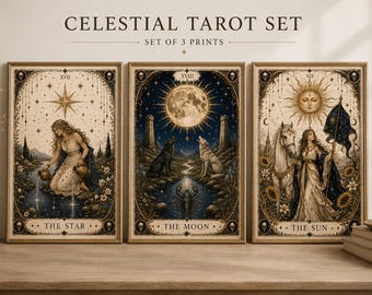 Himmlisches Tarot-Druckset, Wandbilder mit Mond, Sonne und Sternen, gotische Poster zum Ausdrucken, Hexen-Schlafzimmerdeko, digitaler Download