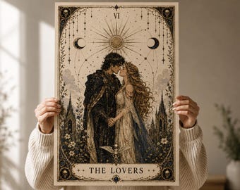 Tarot-Motiv „Die Liebenden“ als Wandbild zum Ausdrucken, romantische, himmlisch-gotische Dekoration, Vintage-Tarotkartenposter, Liebesmotiv aus Dark Academia, Geschenk zum Jahrestag