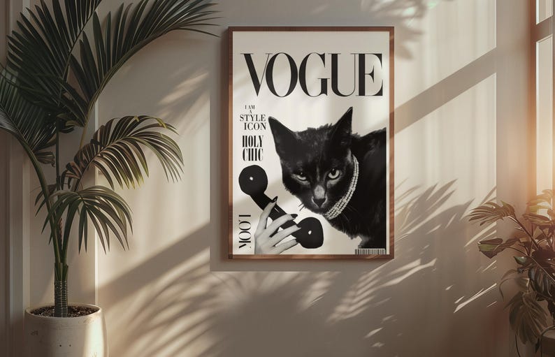 Póster de moda de gato negro / Lámina decorativa de estilo Vogue / Estética editorial parisina / Arte de portada de revista elegante / Declaración para amantes de los gatos imagen 4