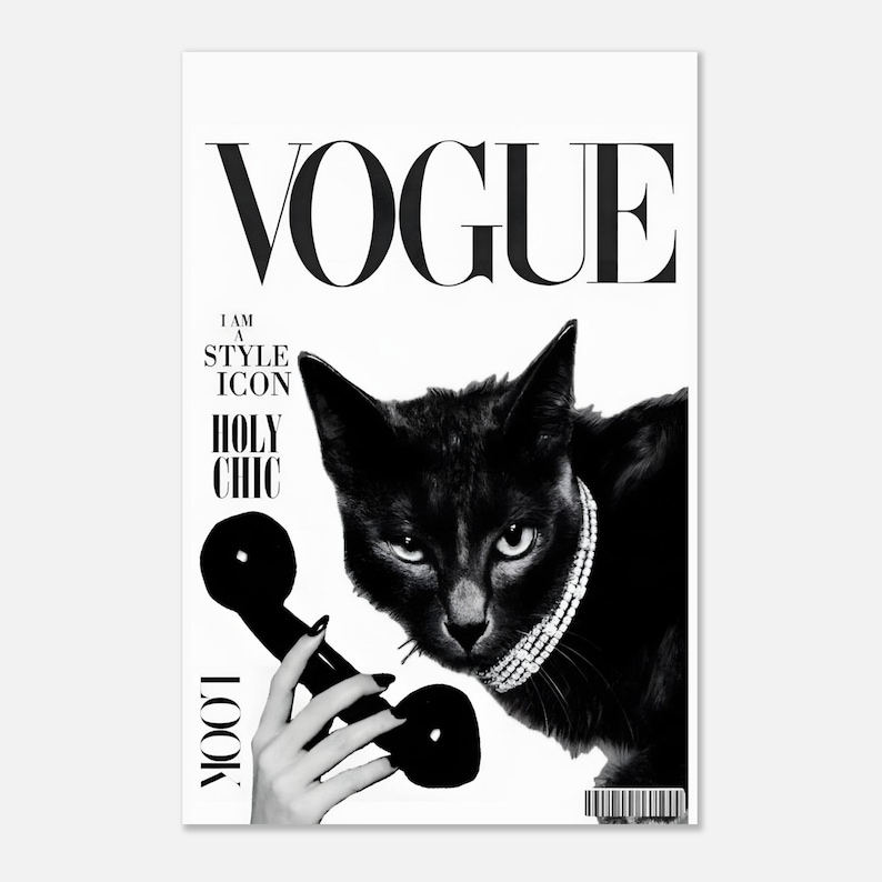 Póster de moda de gato negro / Lámina decorativa de estilo Vogue / Estética editorial parisina / Arte de portada de revista elegante / Declaración para amantes de los gatos imagen 5