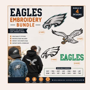 May include: A digital embroidery design bundle featuring four eagle graphics in various sizes. The image displays text including EAGLES EMBROIDERY BUNDLE, BUNDLE OF 4 DESIGNS, and a list of available file formats like DST, PES, EXP, U01, DSB, DSZ, JEF, SEW, VP3, VIP, HUS, XXX, 100, and TAP.