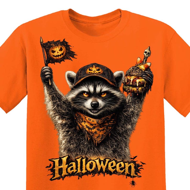 May include: A bright orange t-shirt featuring a graphic of a raccoon wearing a pumpkin-patterned cap and bandana. The raccoon holds a tattered flag with a jack-o'-lantern and a burger topped with a skull. The word Halloween is printed below.