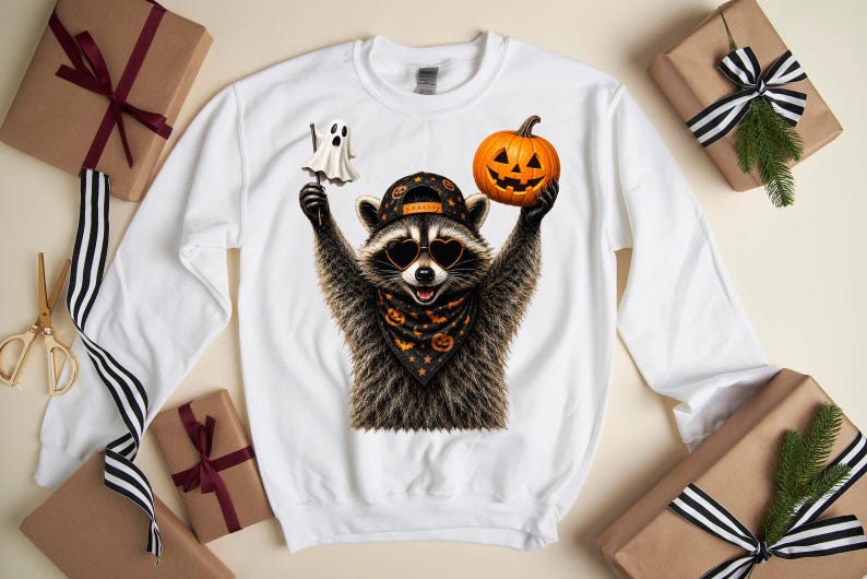 May include: A white long-sleeve sweatshirt featuring a graphic of a raccoon wearing a black baseball cap, heart-shaped sunglasses, and a black bandana with orange pumpkins. The raccoon holds a small white ghost on a stick and an orange jack-o'-lantern.