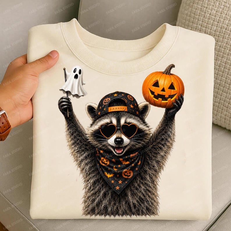 Halloween Raccoon PNG, Raccoon Halloween Shirt Design, Funny Raccoon Sublimation, Halloween PNG, Digital Download image 2