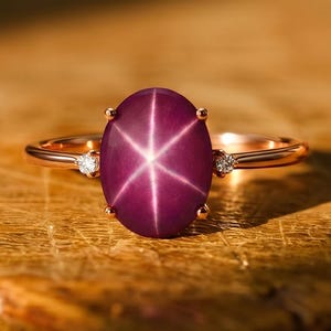 May include: A rose gold ring featuring an oval-shaped deep magenta star gemstone as the centerpiece. The stone displays a distinct six-rayed star pattern. Two small, clear round accent stones are set into the band on either side of the center.