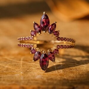 Ruby Cluster Ring, Marquise Cut Gemstone Guard, 14k Gold Contour Band, Vintage Bridal Wrap, Unique Statement Wedding Jewelry