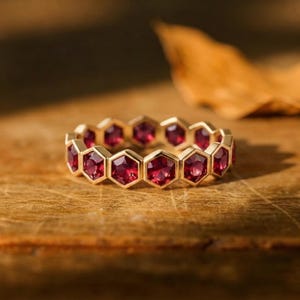 Hexagon Ruby Eternity Ring, Lab Created Gemstone Band, 14k Gold Stacking Ring, Geometric Red Stone Wedding Band, Minimalist Statement Ring