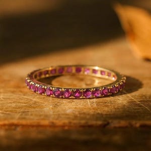Dainty Ruby Stacking Band, Thin Gold Eternity Ring, Minimalist Jewelry for Her, Red Stone Wedding Band, Elegant Ruby Ring, Stackable Ring