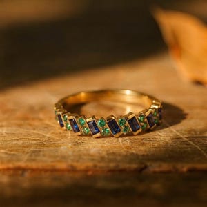 Blue Sapphire and Green Emerald Eternity Band, 14k Gold Baguette Stacking Ring, Alternative Engagement Ring, Colorful Gemstone Promise Ring