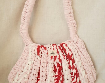 Crocheted shoulder bag made from textile yarn | Pink statement bag | Handmade handbag | Boho bag