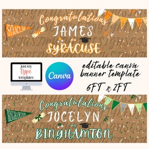 May include: A graduation banner template with the text "Congratulations" and names, plus university names. The banner is brown with orange and green accents, pennants, and a graduation cap. The template is editable in Canva and is 183 cm by 61 cm.