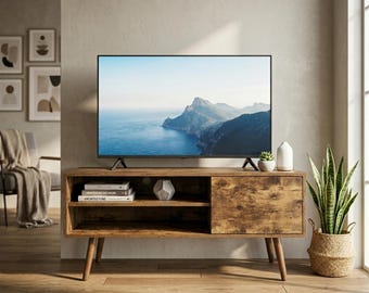 Mid Century Modern TV Stand for 48-55 Inch TV | Entertainment Center with Charging Station & Cabinet | Media Console for Living Room