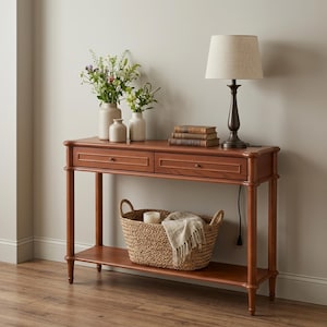 May include: A rectangular wooden console table with two drawers and a lower shelf. On top are three beige ceramic vases with flowers, a stack of three books, and a dark metal lamp with a beige shade. A woven basket with a cloth sits on the shelf.