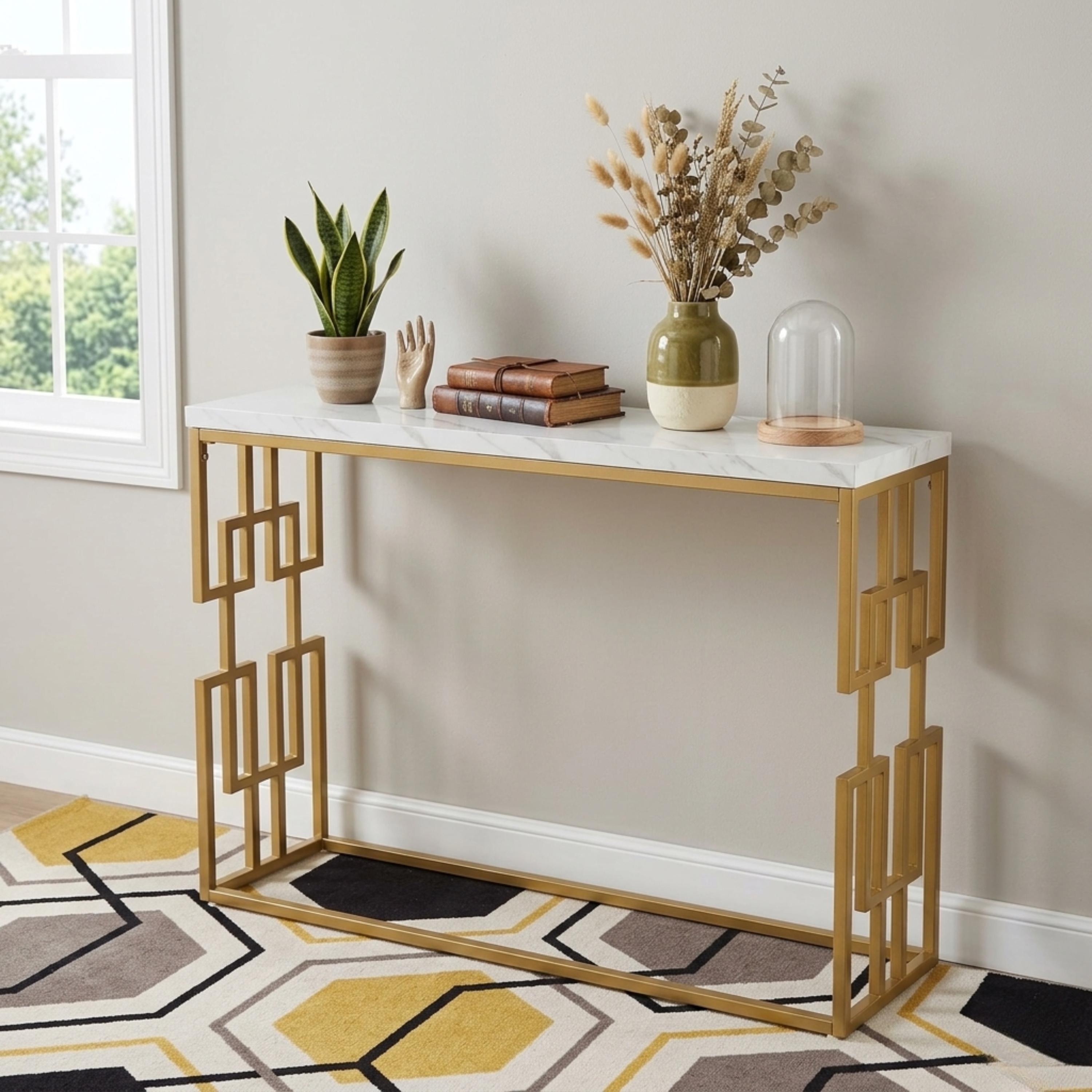 Console Dorée Pour Entrée | Table De Canapé Moderne En Imitation Marbre Derrière Le D'appoint Mince, Géométrique, 42 Pouces, Blanc/Or