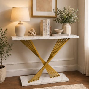Modern Gold Console Table for Entryway | 40 Inch Faux Marble Sofa Table Behind Couch | Slim Geometric Hallway Accent Table for Living Room