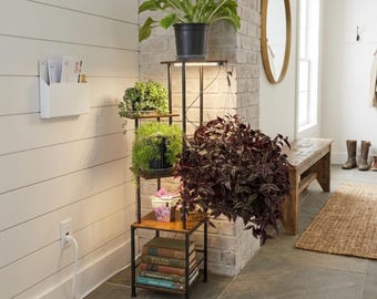 5-Tier Corner Plant Stand with Full Spectrum Grow Light & HangingHook | Indoor Plant Shelf for Multiple Plants | Wooden Plant Stand