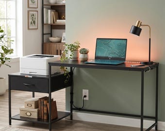Computer Desk with Drawers , LED Lights & Power Outlets | Wooden Industrial Writing Desk | Reversible Gaming Desk | Small Space Study Table