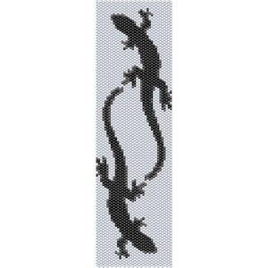 May include: Black and white beaded design of two lizards intertwined, forming a heart shape.