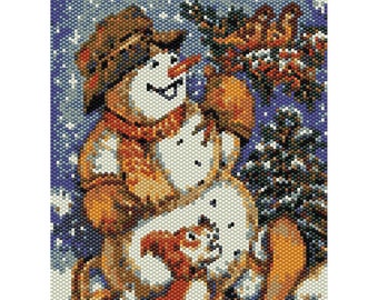 Snowman Tapestry Peyote Bead Pattern, Winter Christmas Wall Art, Seed Beading Pattern Miyuki Delica Size 11 Beads - PDF Instant Download