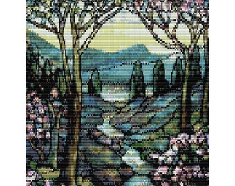 Tiffany Mountain and Stream Tapestry Loom Bead Pattern, Wall Art Pattern, Seed Beading Pattern, Delica Size 11 Beads - PDF Instant Download