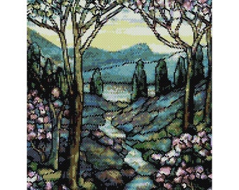 Tiffany Mountain and Stream Tapestry Peyote Bead Pattern, Wall Art Pattern, Beading Pattern, Delica Size 11 Beads - PDF Instant Download