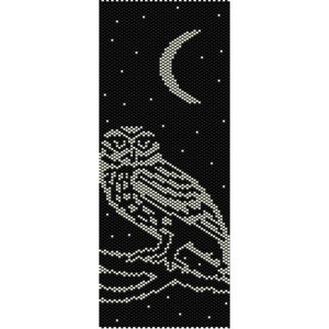 May include: A black and white beaded design of an owl perched on a branch with a crescent moon in the background. The owl and branch are outlined in white beads against a black background.