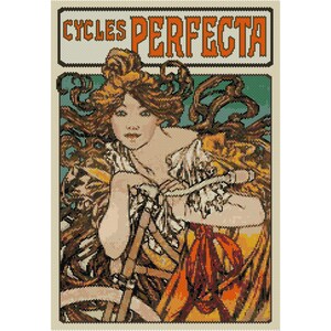 Pode incluir: Um cartaz vintage que anuncia as bicicletas Cycles Perfecta. O cartaz apresenta uma mulher com cabelo longo e solto, vestida com um vestido branco com uma faixa vermelha, segurando uma roda de bicicleta. O cartaz está em estilo Art Nouveau com uma borda decorativa.