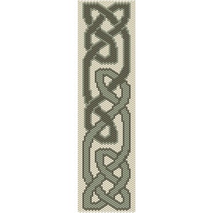 May include: A vertical pattern of interlocked green and white knots, resembling a Celtic knot design.