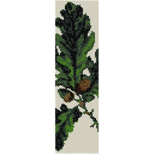 May include: A beaded bookmark with a green oak leaf and brown acorns. The leaf is detailed with different shades of green.