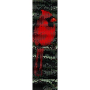 May include: A red cardinal bird perched on a branch with a green and black background.