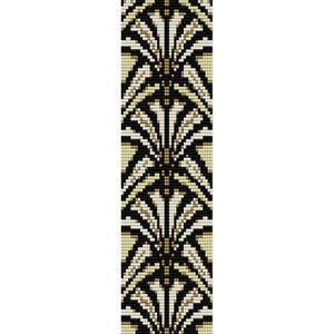May include: Black and white beaded bracelet with a geometric pattern of gold and white beads. The pattern is reminiscent of an art deco design.