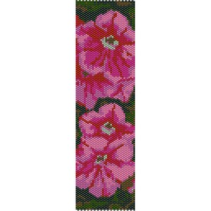 May include: A beaded pattern of pink flowers with green leaves. The flowers have a white center and are surrounded by a dark green background.