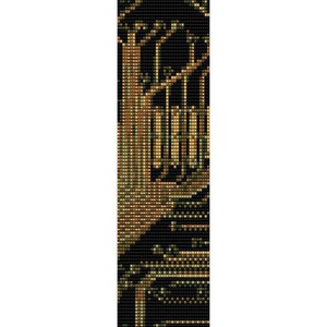 May include: A beaded pattern of a forest scene with trees in shades of brown and green on a black background.